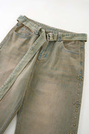 Vintage Wash Distressed Denim Jeans - Sand