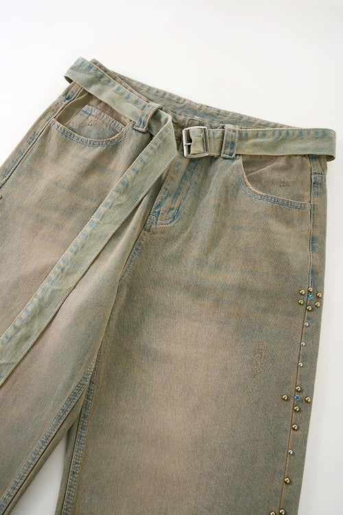 Vintage Wash Distressed Denim Jeans - Sand