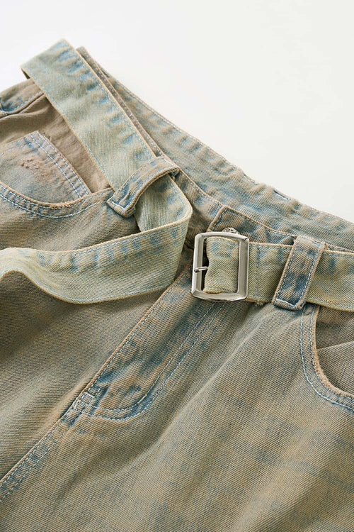 Vintage Wash Distressed Denim Jeans - Sand