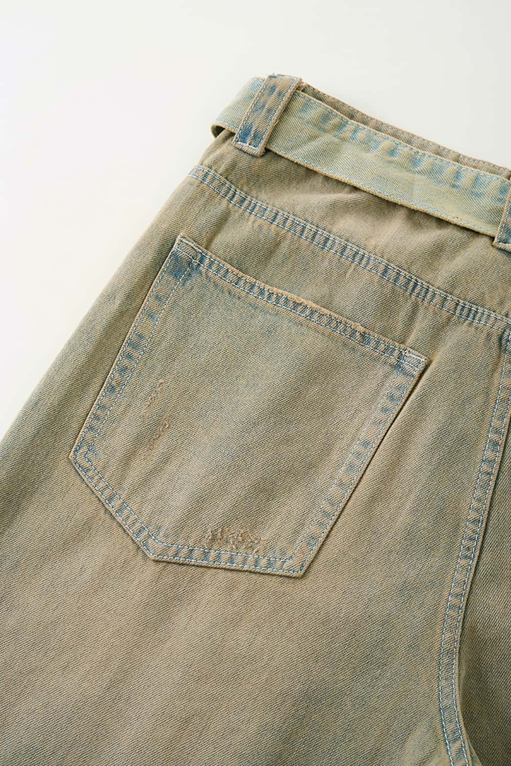 Vintage Wash Distressed Denim Jeans - Sand
