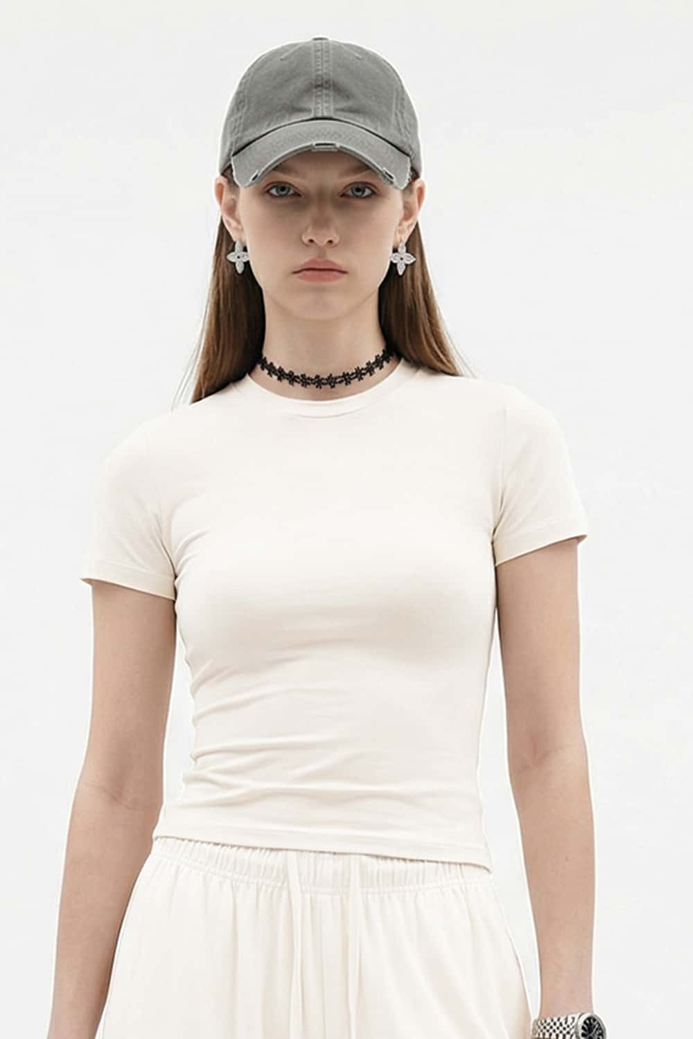 High-Stretch Tailored Cropped Tee - Rice Apricot