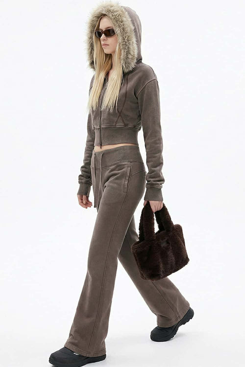Detachable Fur-Collar Cinched Hoodie Jacket - Coffee