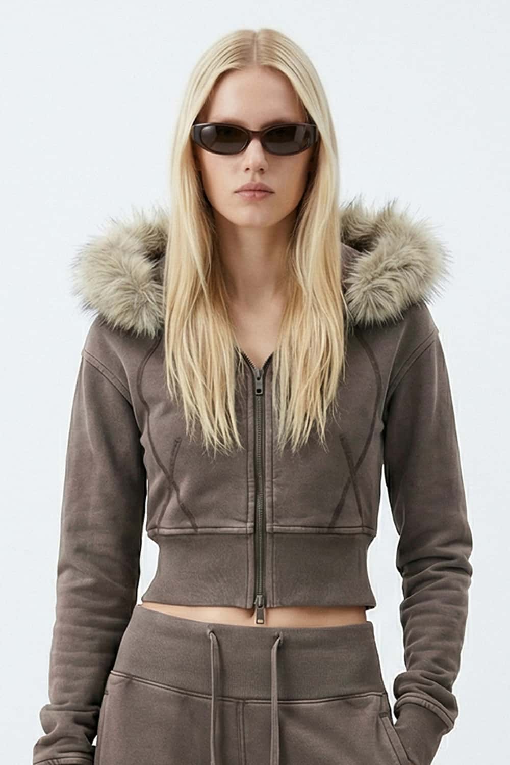 Detachable Fur-Collar Cinched Hoodie Jacket - Coffee