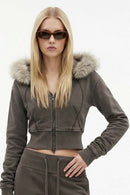 Detachable Fur-Collar Cinched Hoodie Jacket - Coffee