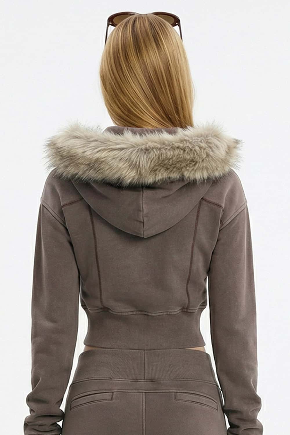 Detachable Fur-Collar Cinched Hoodie Jacket - Coffee