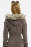 Detachable Fur-Collar Cinched Hoodie Jacket - Coffee
