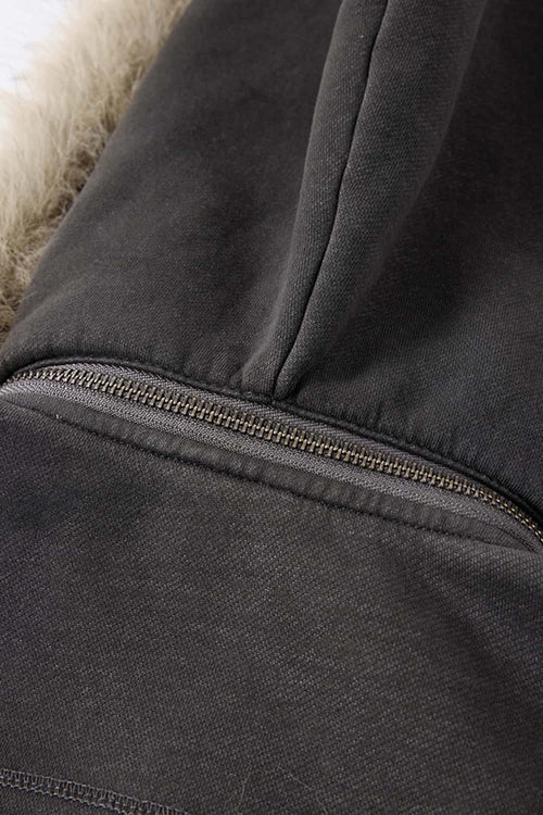 Detachable Fur-Collar Cinched Hoodie Jacket - Dark Gray