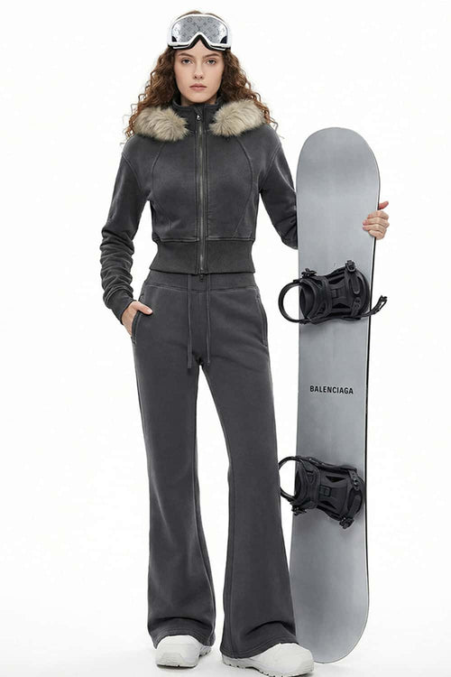 Detachable Fur-Collar Cinched Hoodie Jacket - Dark Gray
