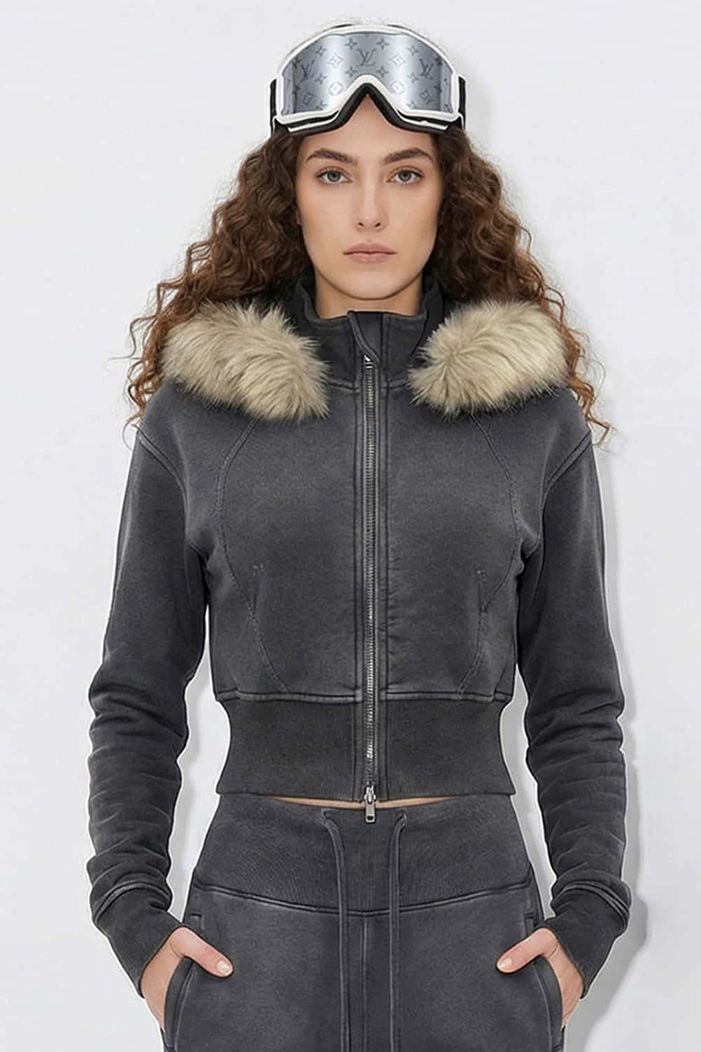 Detachable Fur-Collar Cinched Hoodie Jacket - Dark Gray