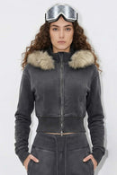 Detachable Fur-Collar Cinched Hoodie Jacket - Dark Gray