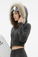 Detachable Fur-Collar Cinched Hoodie Jacket - Dark Gray