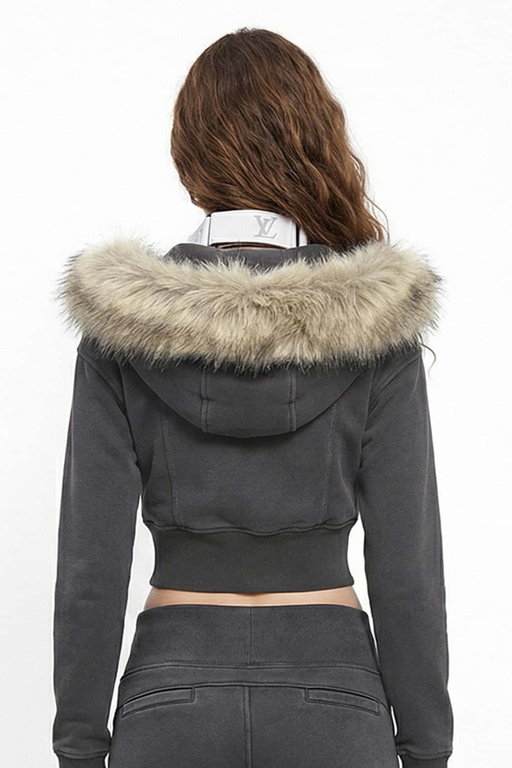 Detachable Fur-Collar Cinched Hoodie Jacket - Dark Gray