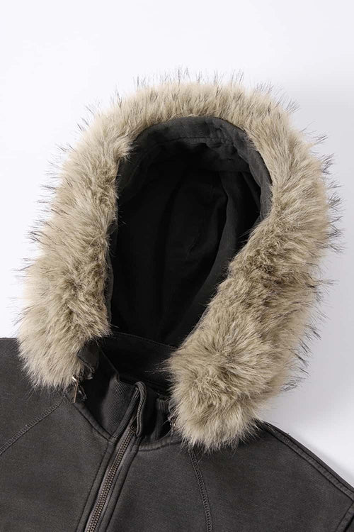 Detachable Fur-Collar Cinched Hoodie Jacket - Dark Gray