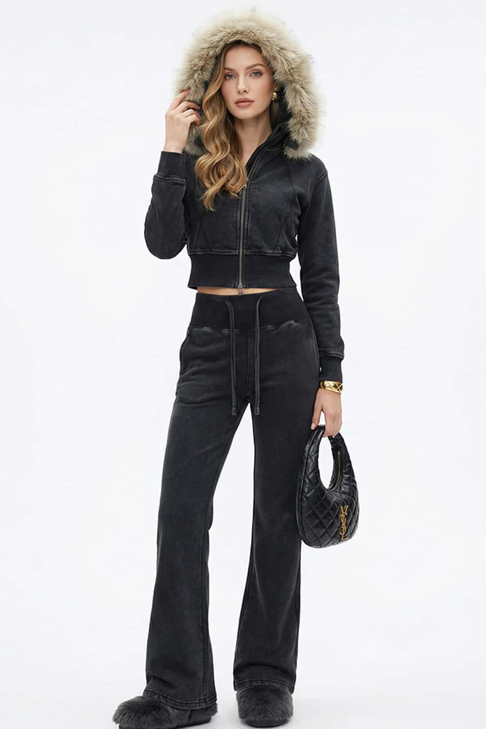 Detachable Fur-Collar Cinched Hoodie Jacket - Fried Snowflakes
