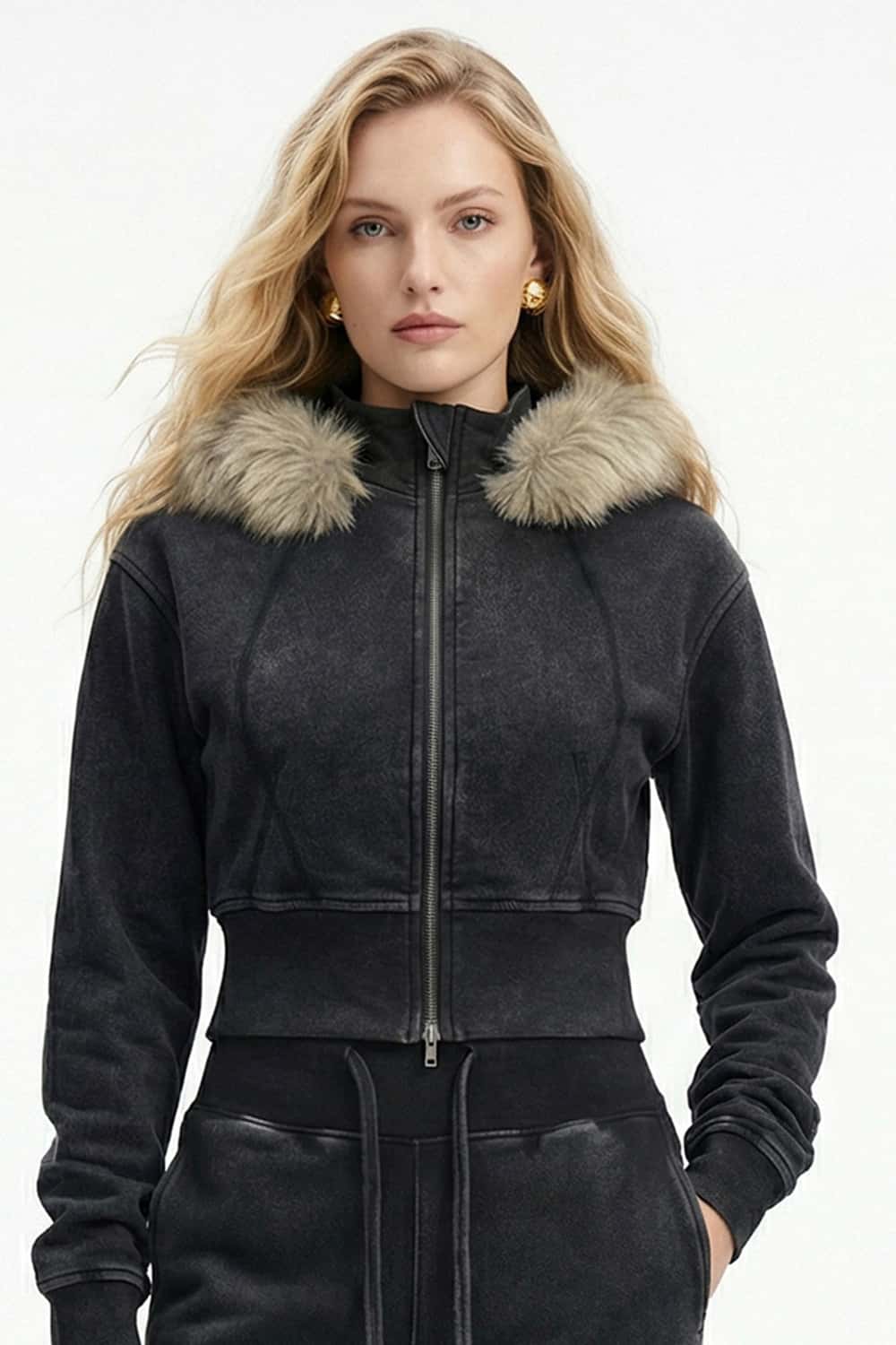 Detachable Fur-Collar Cinched Hoodie Jacket - Fried Snowflakes