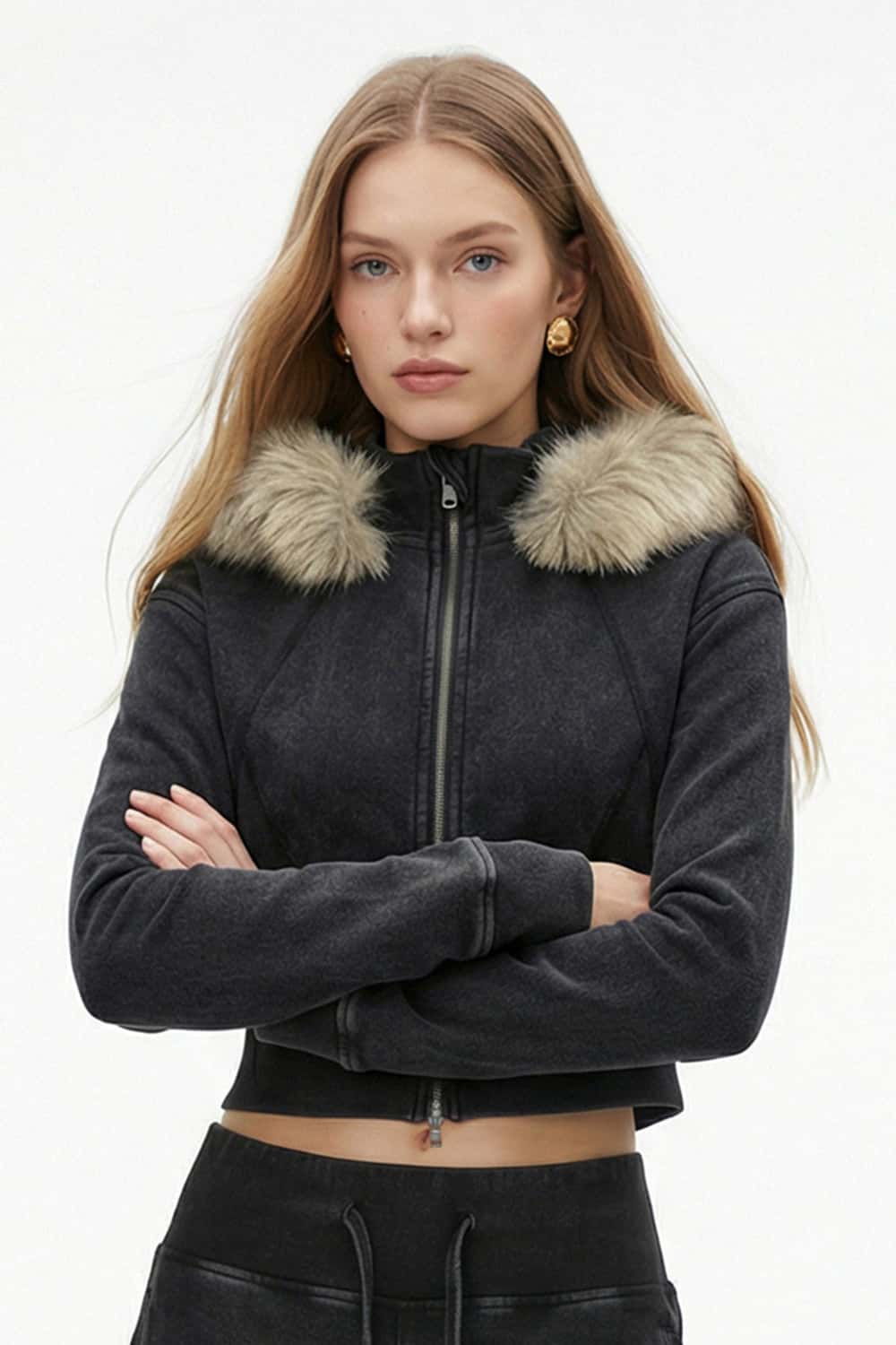 Detachable Fur-Collar Cinched Hoodie Jacket - Fried Snowflakes