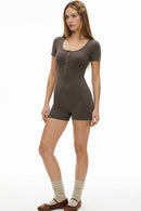 Button-Front Slim Romper - Coffee