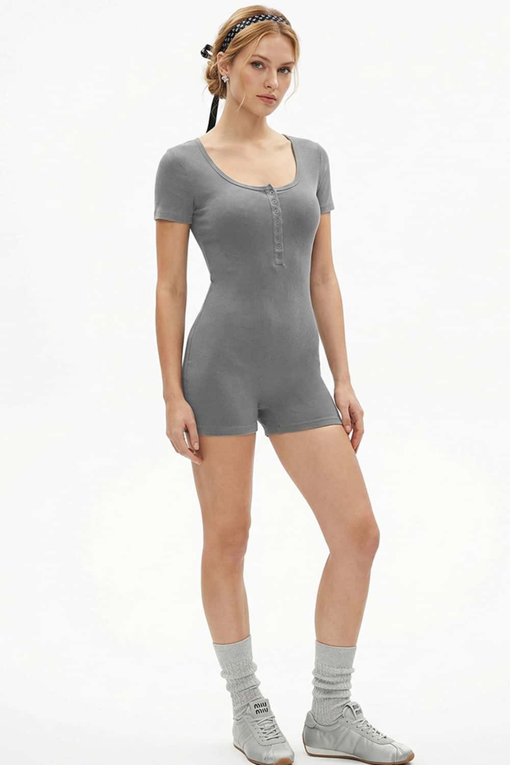 Button-Front Slim Romper - Medium Gray