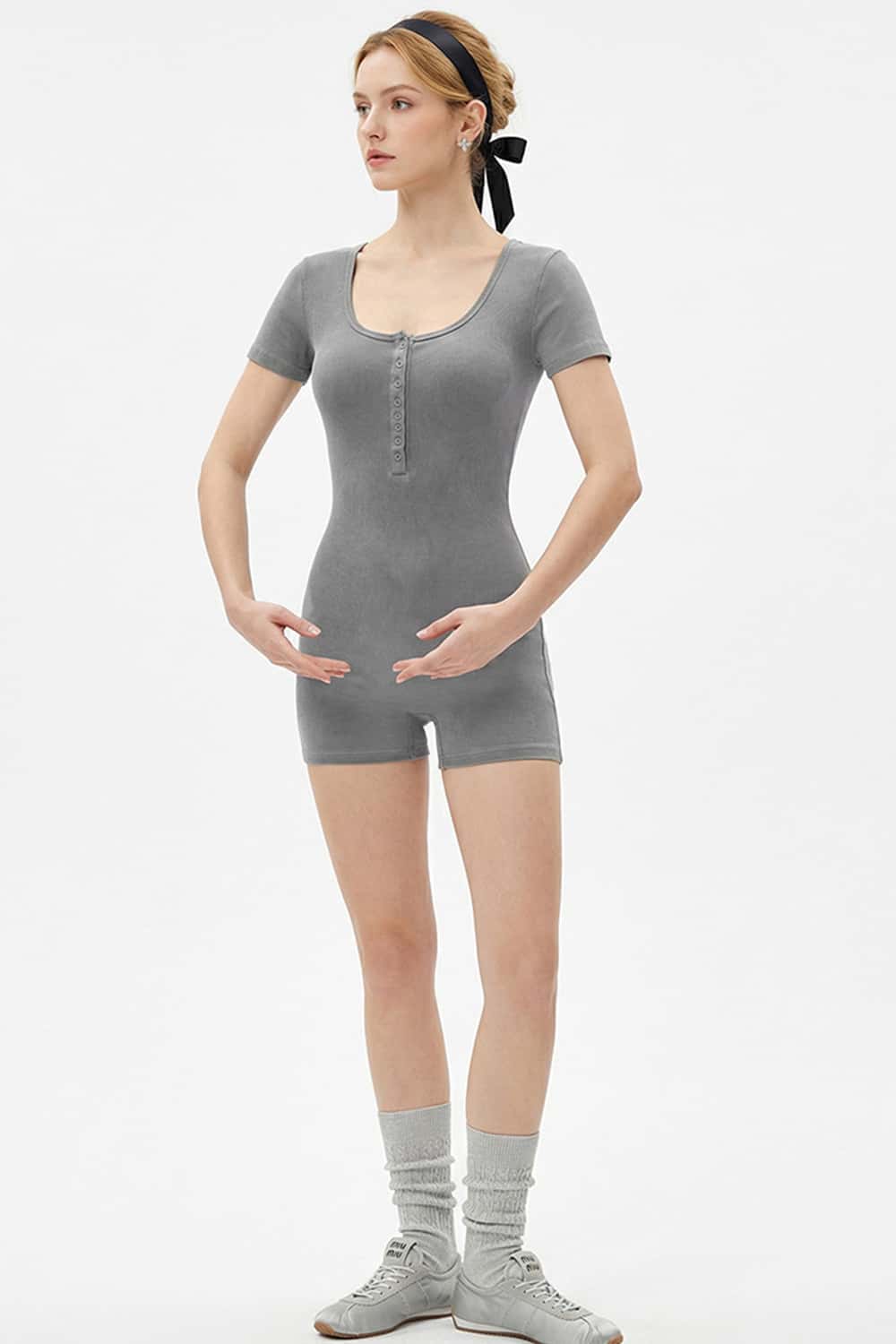 Button-Front Slim Romper - Medium Gray