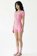 Button-Front Slim Romper - Rose Pink