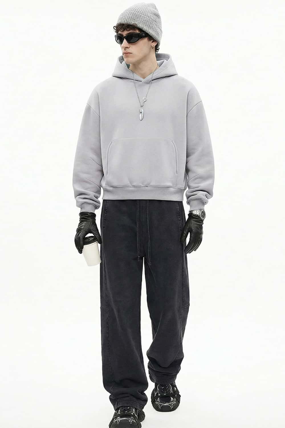 Boxy Curved-Sleeve Pullover Hoodie - Flower Gray