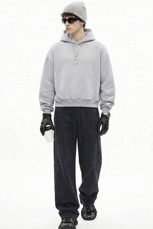 Boxy Curved-Sleeve Pullover Hoodie - Flower Gray