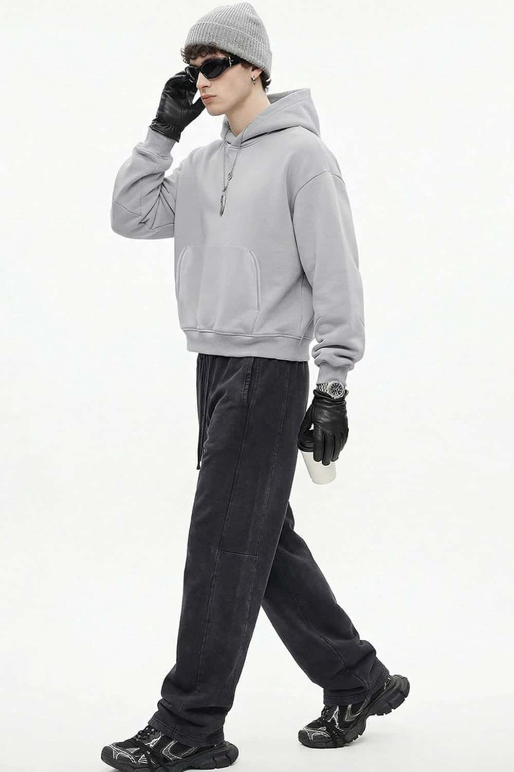 Boxy Curved-Sleeve Pullover Hoodie - Flower Gray
