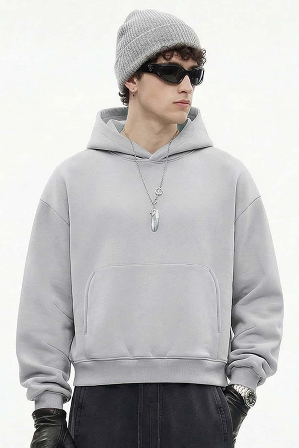 Boxy Curved-Sleeve Pullover Hoodie - Flower Gray