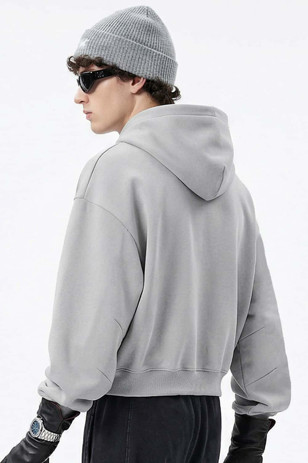 Boxy Curved-Sleeve Pullover Hoodie - Flower Gray