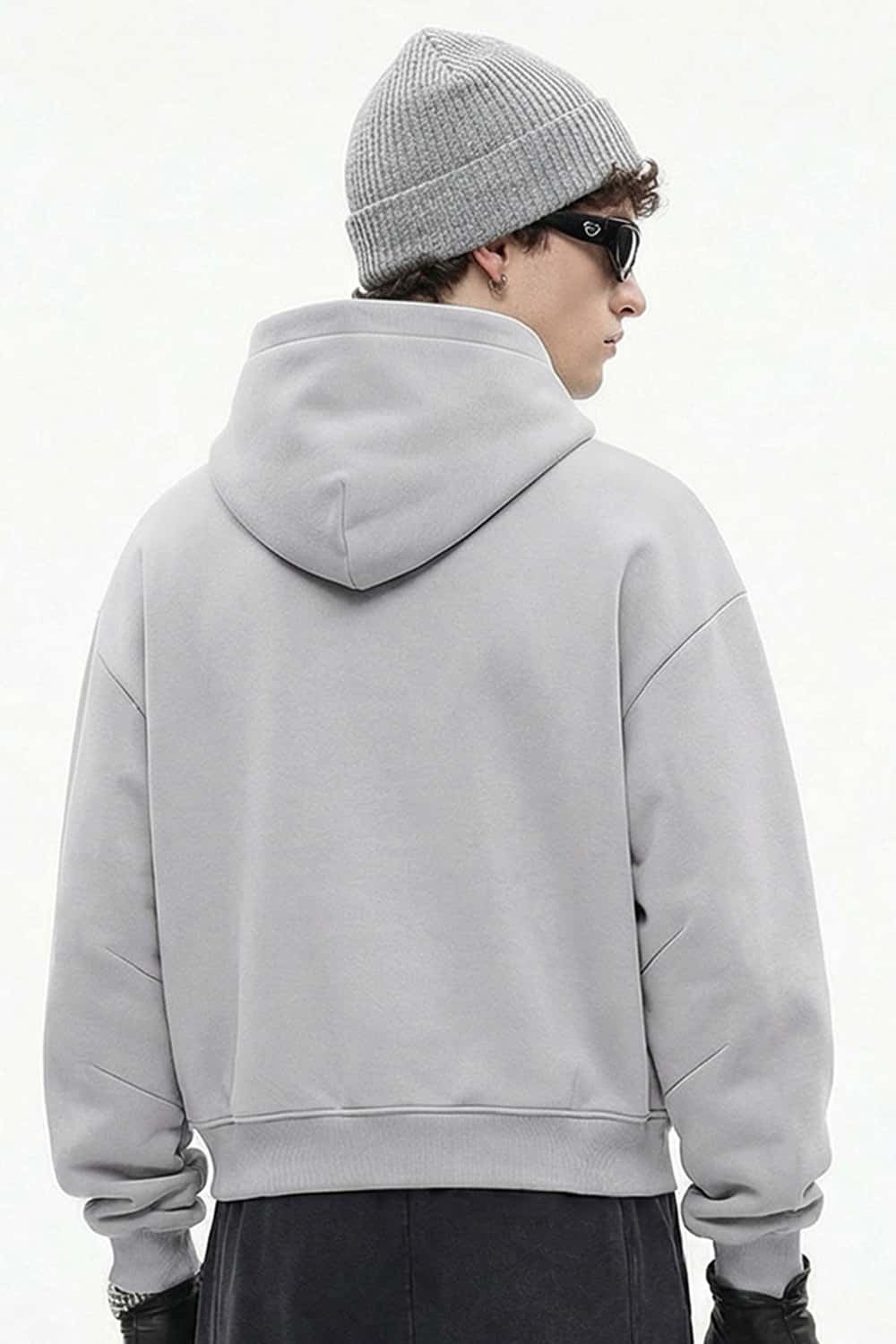 Boxy Curved-Sleeve Pullover Hoodie - Flower Gray