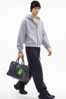 Contrast Plaid Lined Heavyweight Zip Hoodie - Flower Gray