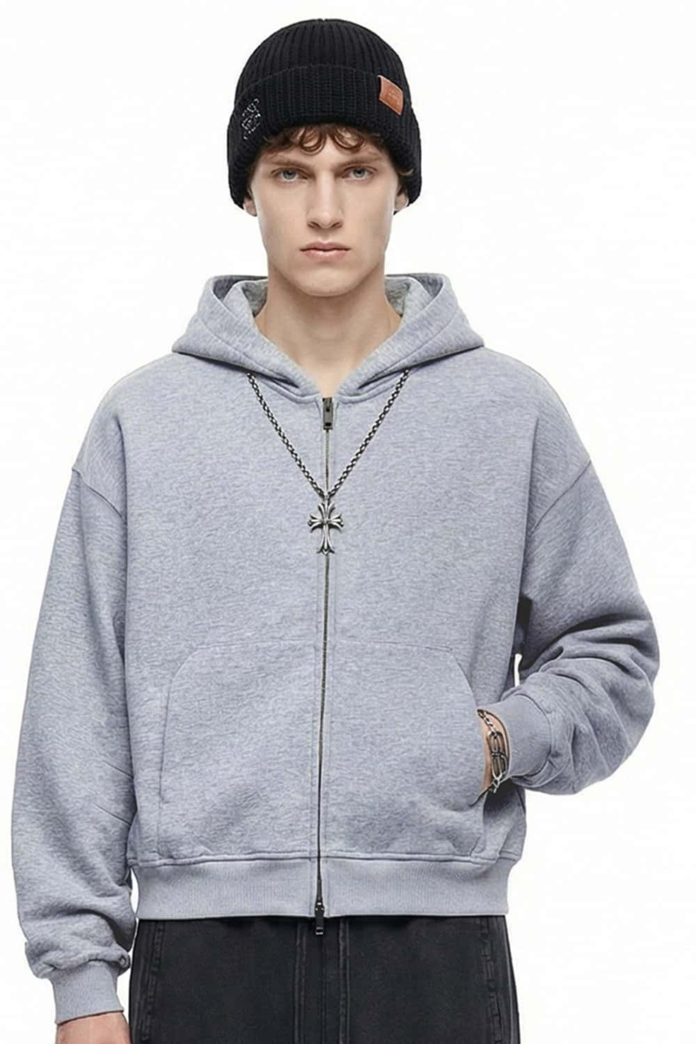 Contrast Plaid Lined Heavyweight Zip Hoodie - Flower Gray
