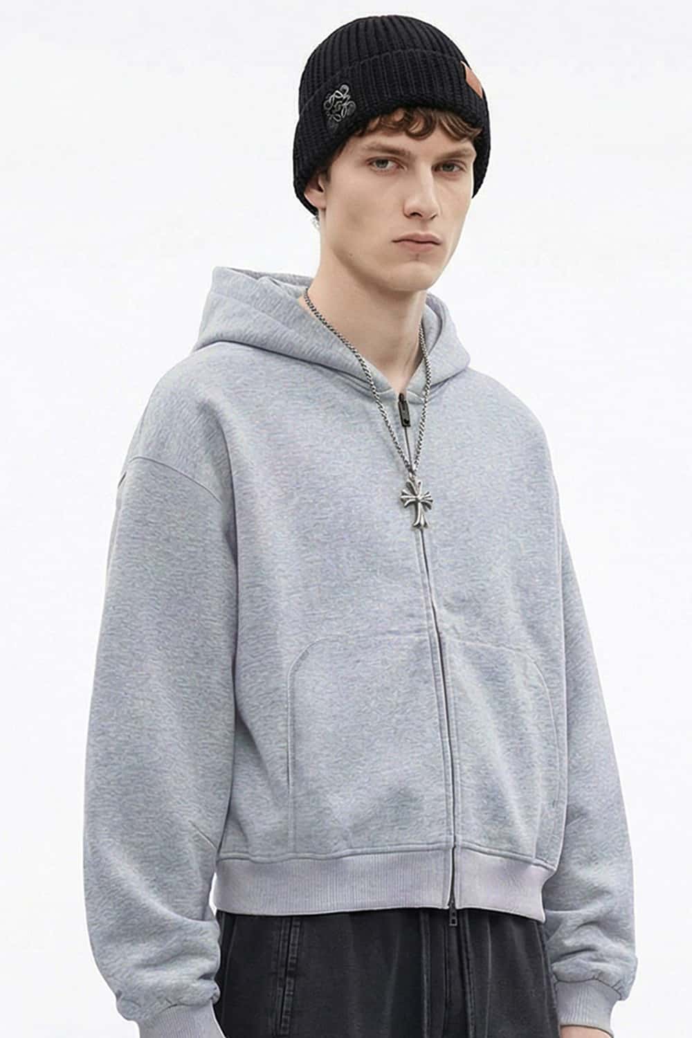 Contrast Plaid Lined Heavyweight Zip Hoodie - Flower Gray