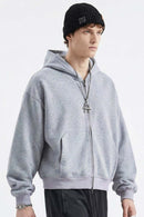Contrast Plaid Lined Heavyweight Zip Hoodie - Flower Gray