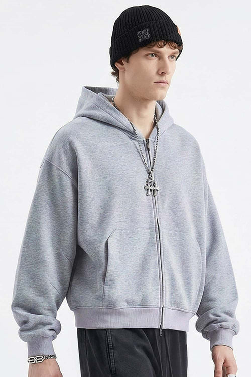 Contrast Plaid Lined Heavyweight Zip Hoodie - Flower Gray