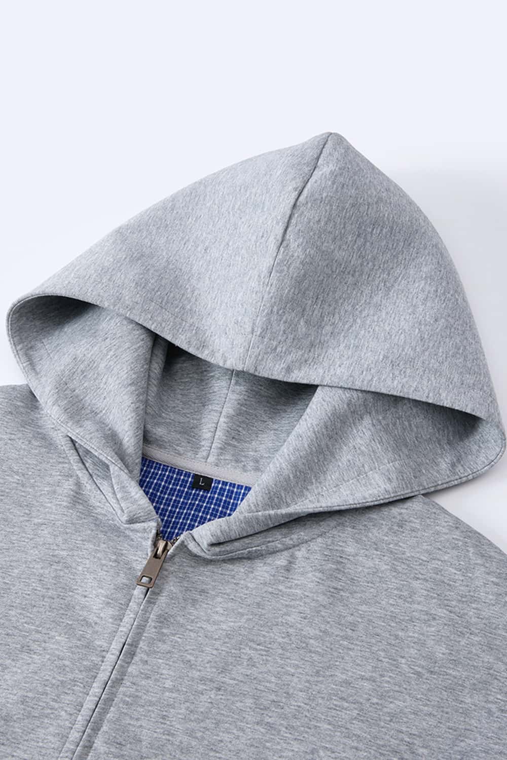 Contrast Plaid Lined Heavyweight Zip Hoodie - Flower Gray