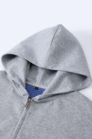 Contrast Plaid Lined Heavyweight Zip Hoodie - Flower Gray