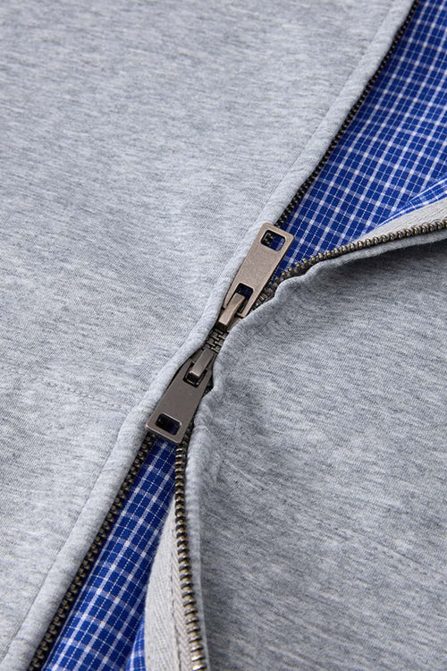 Contrast Plaid Lined Heavyweight Zip Hoodie - Flower Gray