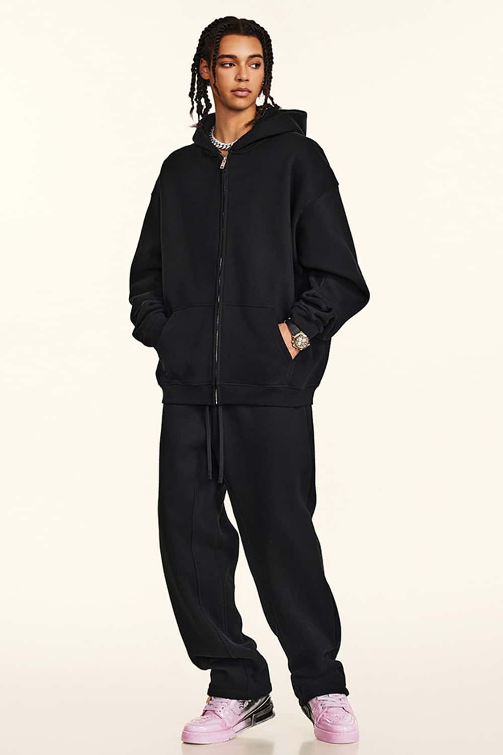 Thickened Fleece Zip-Up Hoodie - Black