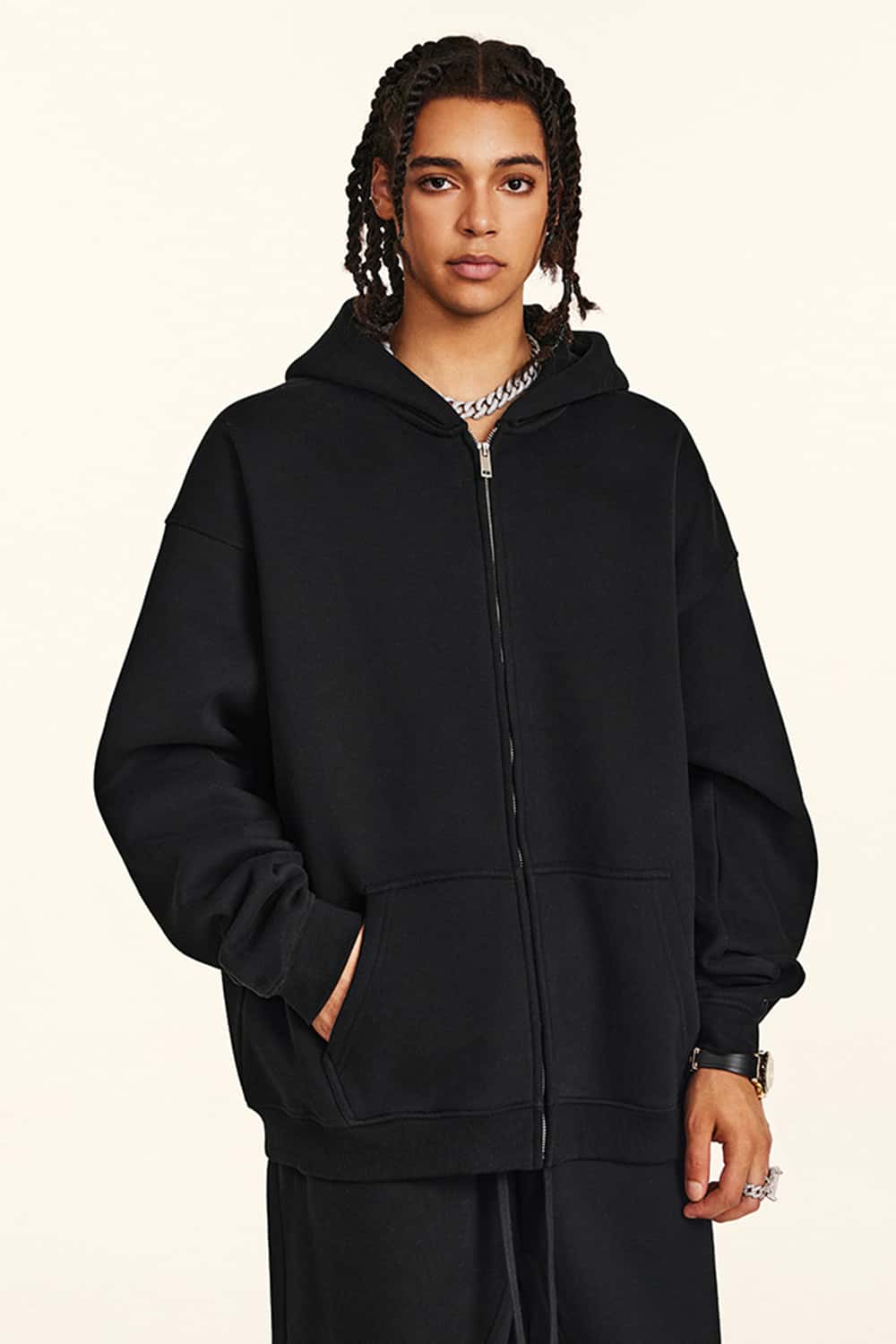 Thickened Fleece Zip-Up Hoodie - Black