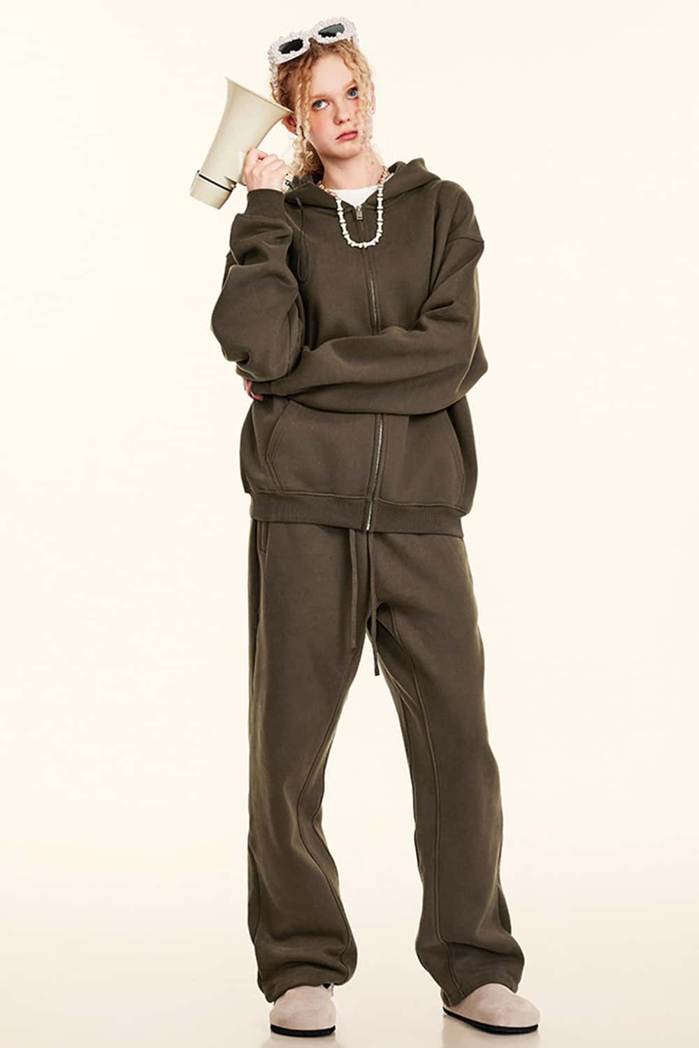 Thickened Fleece Zip-Up Hoodie - Brown
