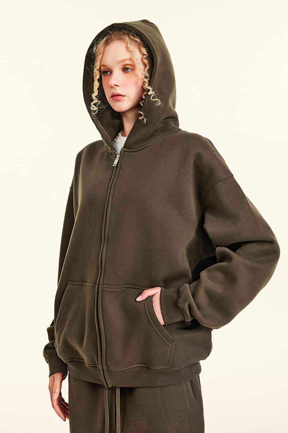 Thickened Fleece Zip-Up Hoodie - Brown