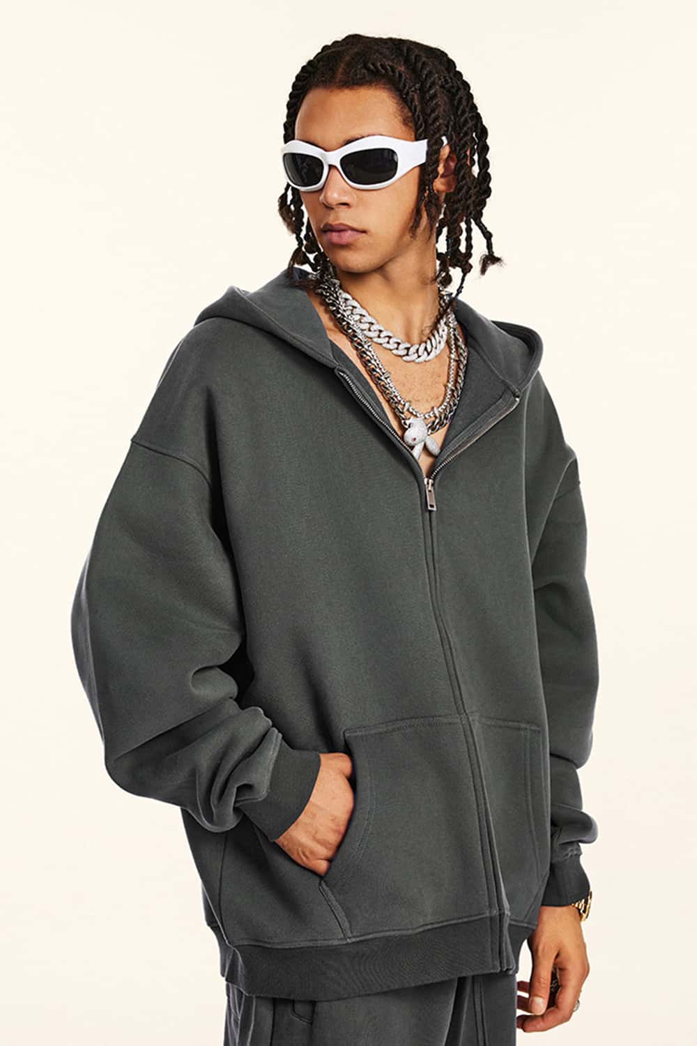 Thickened Fleece Zip-Up Hoodie - Dark Gray