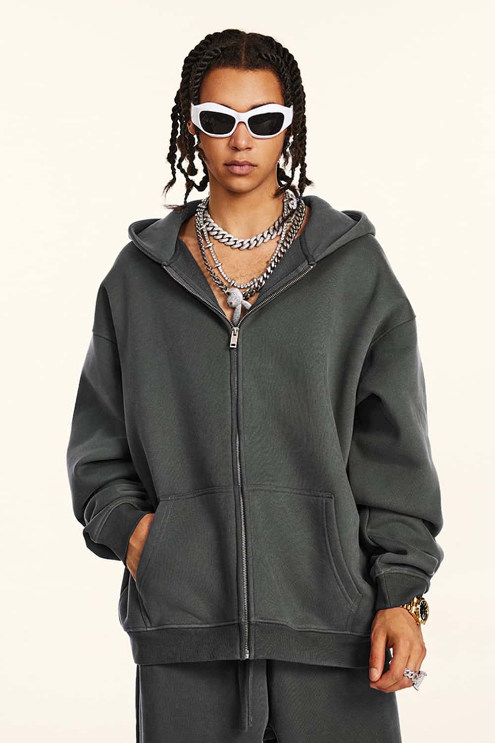 Thickened Fleece Zip-Up Hoodie - Dark Gray