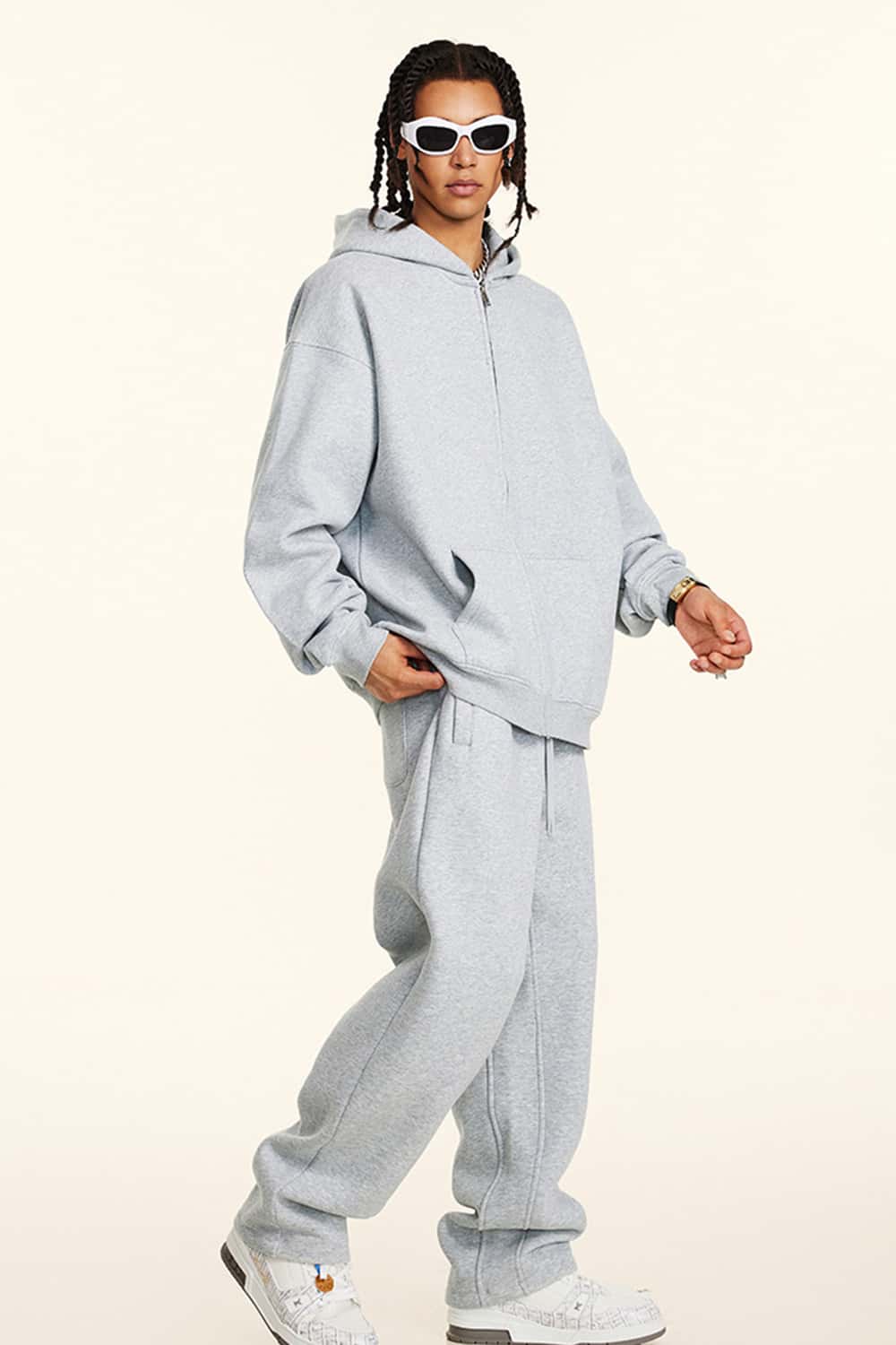 Thickened Fleece Zip-Up Hoodie - Flower Gray