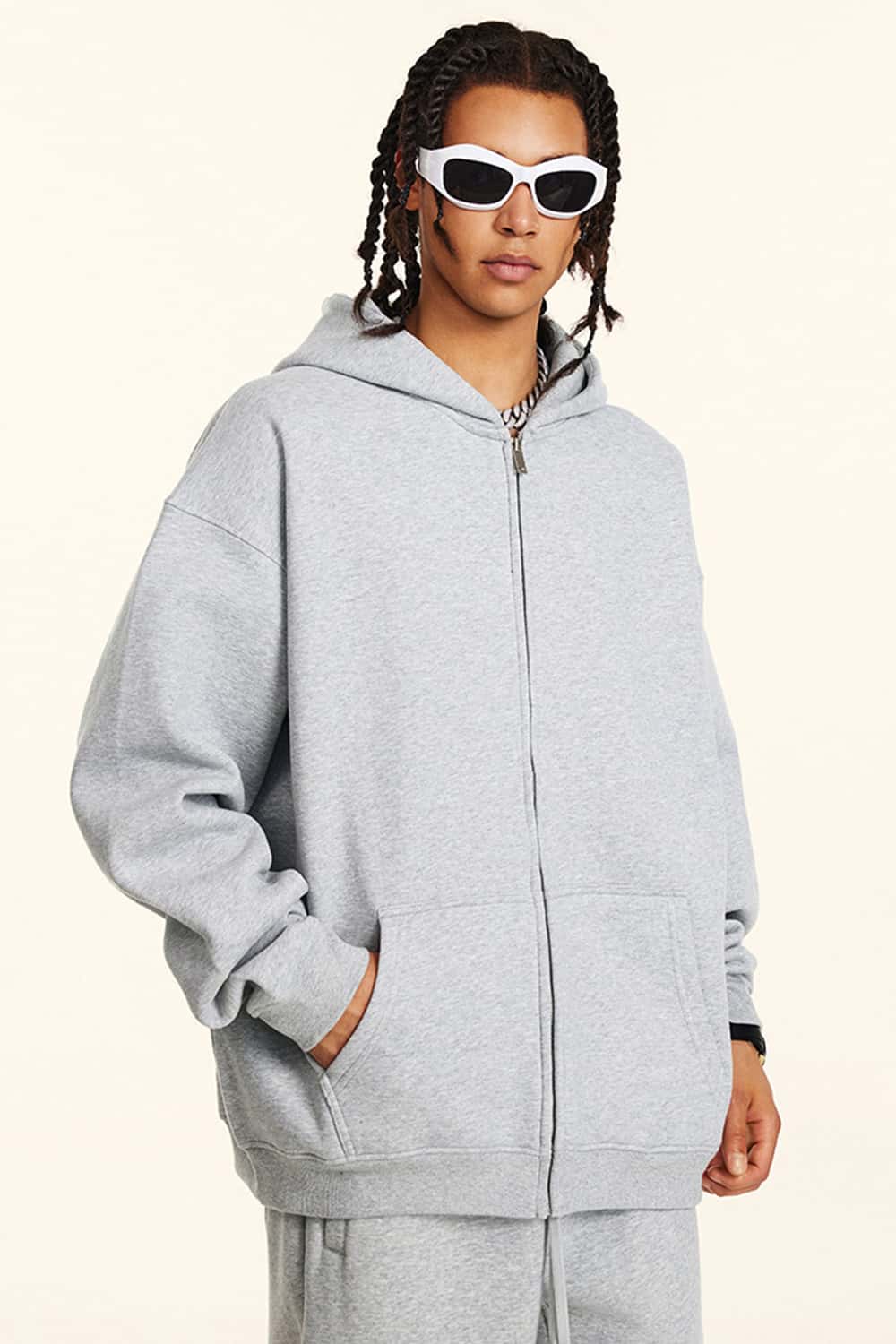 Thickened Fleece Zip-Up Hoodie - Flower Gray