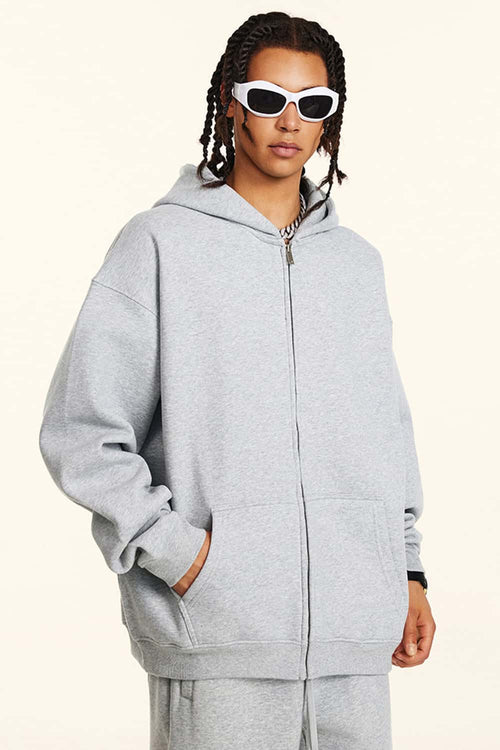 Thickened Fleece Zip-Up Hoodie - Flower Gray