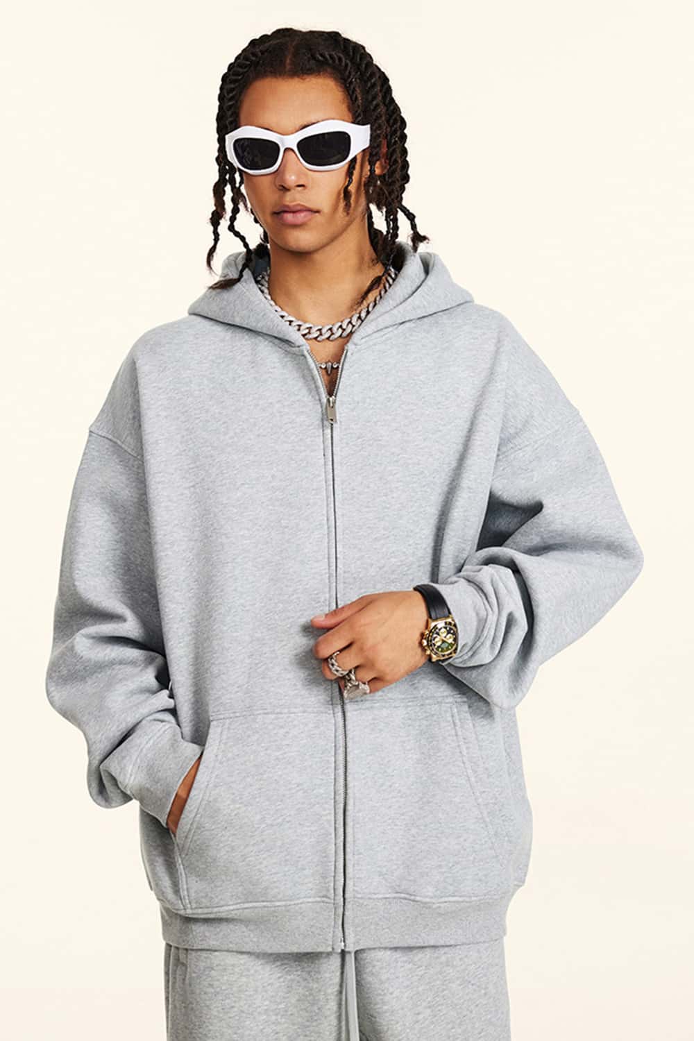 Thickened Fleece Zip-Up Hoodie - Flower Gray