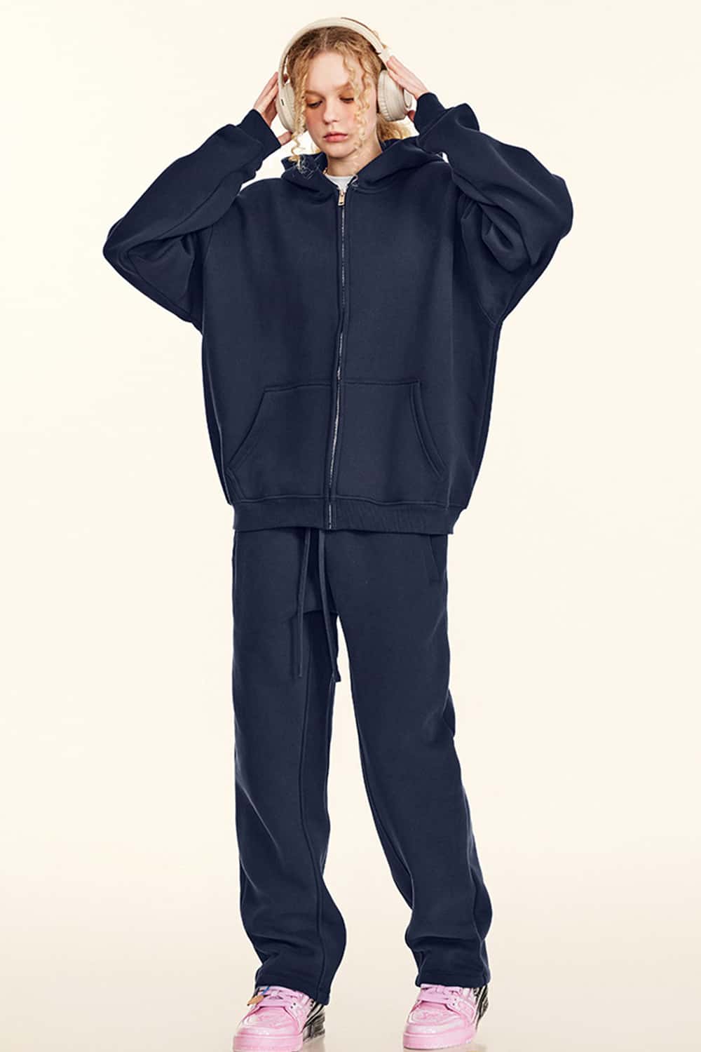 Thickened Fleece Zip-Up Hoodie - Midnight Blue