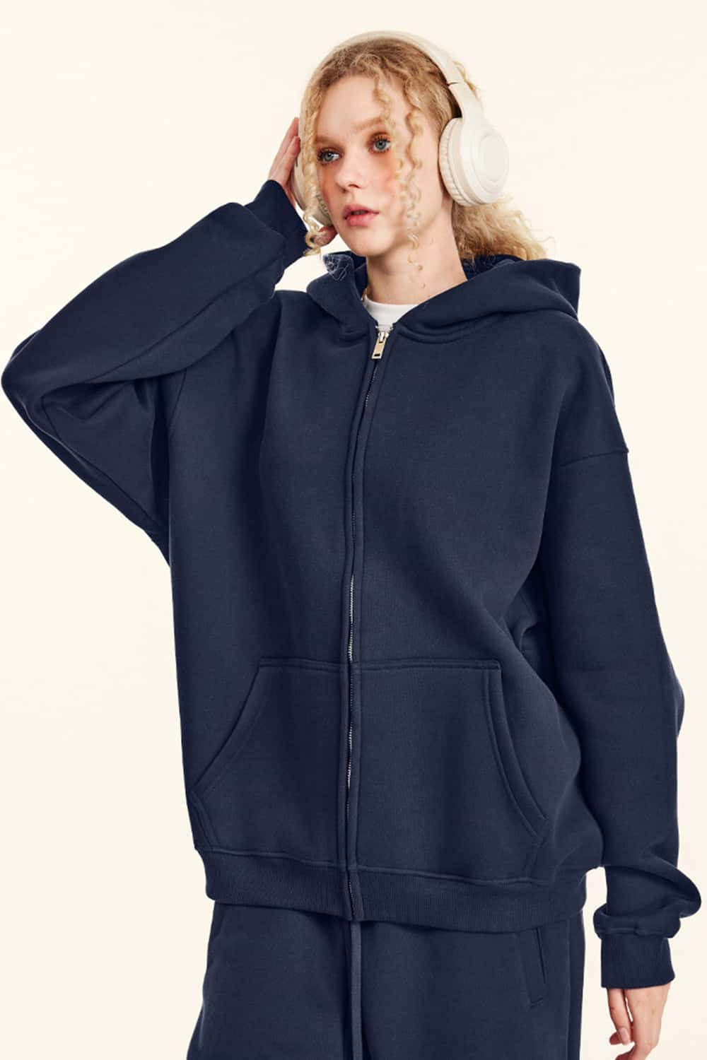 Thickened Fleece Zip-Up Hoodie - Midnight Blue